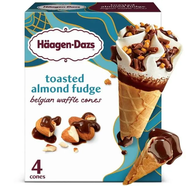 Haagen-Dazs Toasted Almond Fudge Belgian Waffle Ice Cream Cone, 4 Count