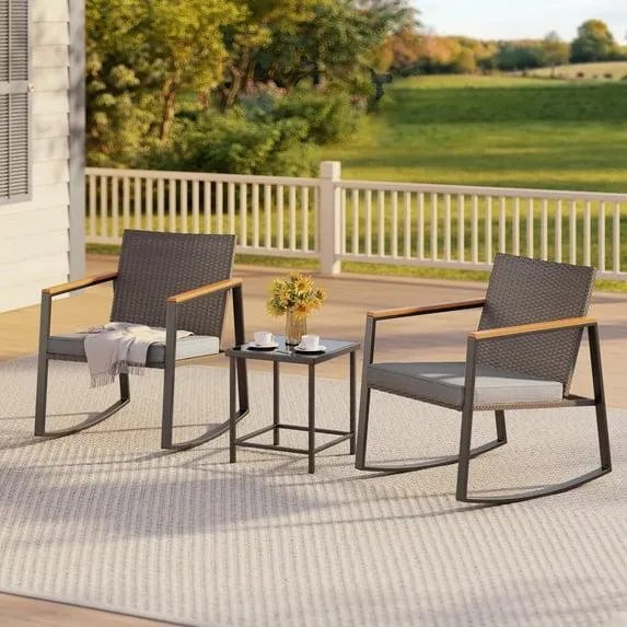 Aiho 3 Pieces Rocking Patio Furniture Set, Wicker Outdoor Chair Set with Coffee Table for Garden, Gray