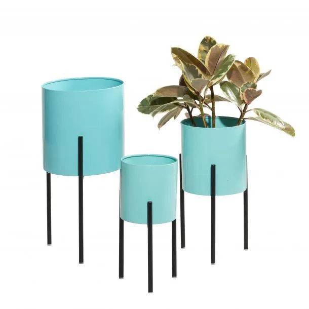Set of 3 Teal Metal Contemporary Planter, 12", 14", 18"