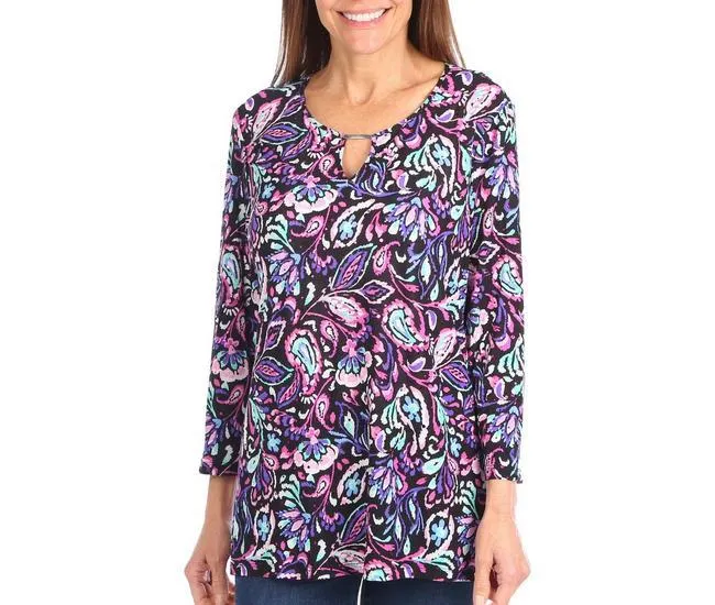 Womens Paisley Keyhole Bar 3/4 Sleeve Top