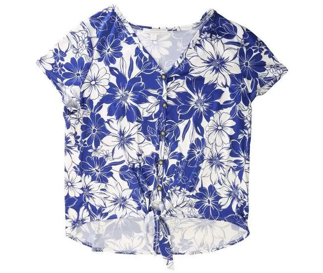 Womens Floral Tie Front Short Sleeve Top