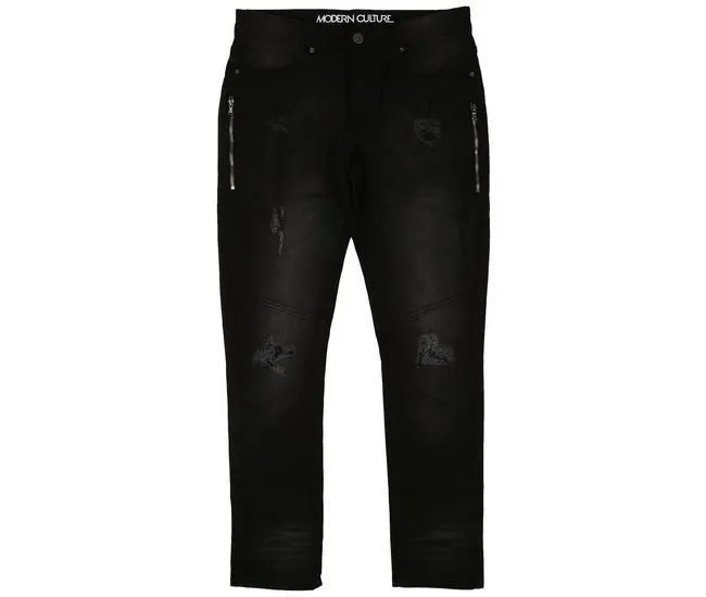 Mens Double Zipper Distressed Denim Jeans