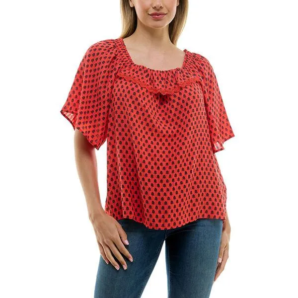 Womens Zac & Rachel Elbow Sleeve Ruffle Neck Ditsy Blouse