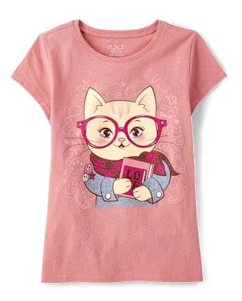Girls Cat Scarf Graphic Tee - tuscan glow