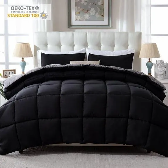 Yalamila Queen Size Comforter Set 3-Piece All-Season Down Alternative Reversible Comforter Set,Black/Grey,200GSM Cooling Quilted Duvet Insert,95 GSM Soft Cover Bed in a Bag