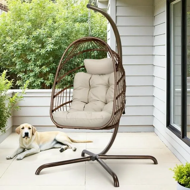 RADIATA Hanging Egg Chair with Stand, Outdoor Indoor Wicker Swing Chair with Cushions, 350lbs Capacity Patio Hammock Chair for Backyard, Balcony, Brown
