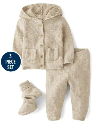 Conjunto de traje de 3 piezas de cárdigan de suéter de algodón orgánico unisex para bebé - De cosecha propia - h/t straw