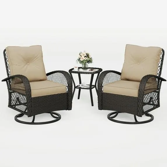 MRUAKA 3 Pieces Patio Furniture Set, Outdoor Swivel Gliders Rocker, Wicker Patio Bistro Set with Rattan Rocking Chair, Glass Top Side Table and Thickened Cushions (Khaki)