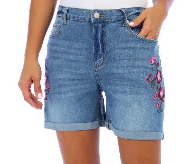 Womens Embroidered Floral Denim Fray Shorts