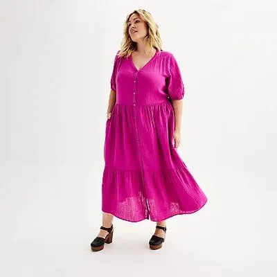 Plus Size Sonoma Goods For Life® Button Thru Femme Midi Dress