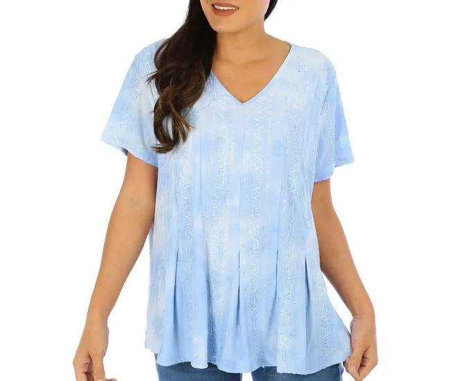 Womens Short Sleeve V-Neck Flare Pleated Top