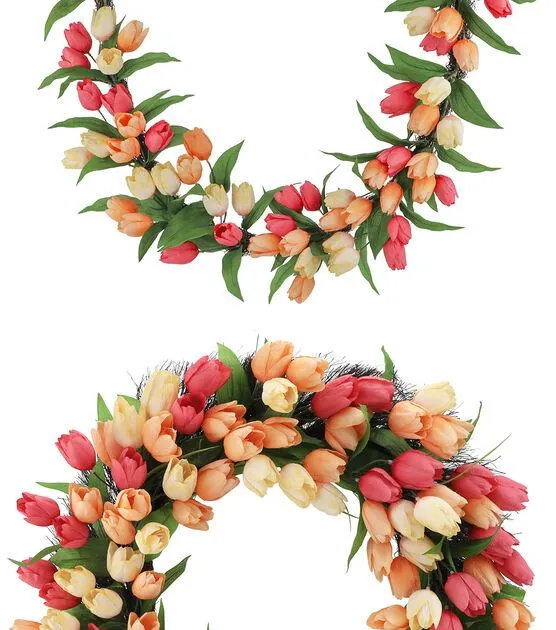 Matching Spring Peach & Red Tulip Wreath & Garland