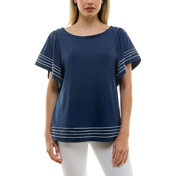 Womens Zac & Rachel Short Ruffle Sleeve Knit Sewn Border Blouse