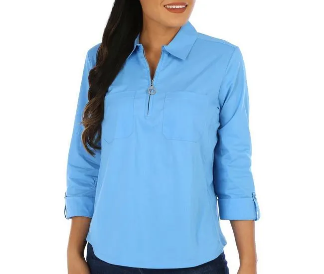 Womens Solid Zipper Knit To Fit 3/4 Sleeve Top