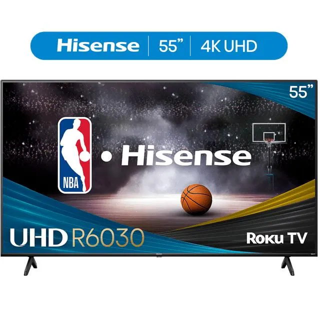 Hisense 55" Class R6 Series 4K UHD Roku Smart TV (55R6030N, 2024 Model) - Dolby Vision HDR, Motion Rate 120, DTS Studio Sound, Gaming Mode, Bezel-less Design