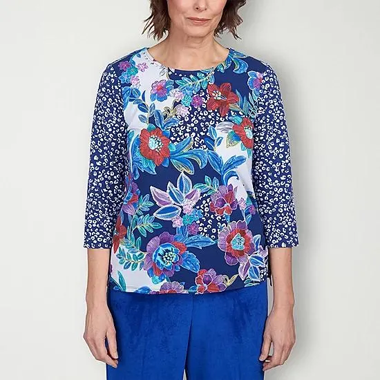 Alfred Dunner Classics Womens Split Crew Neck 3/4 Sleeve T-Shirt