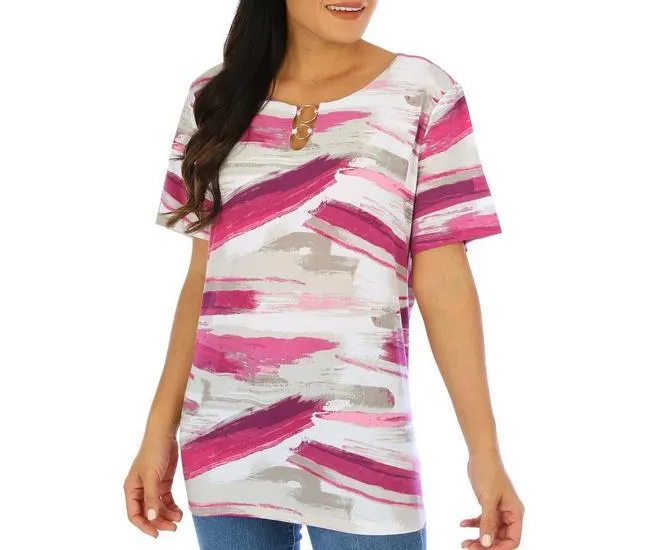 Womens Abstract O-Ring Keyhole Short Sleeve Top