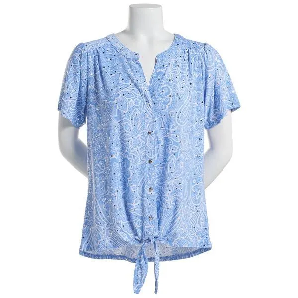 Womens Emily Daniels Short Sleeve Tie Front Paisley Disco Blouse