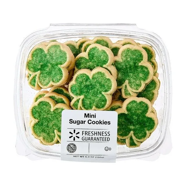 Freshness Guaranteed Tub Sugar Cookies, Mini Shamrock Shaped with Green Sugar Topping, Crunchy, Baked, Ready to Eat, Share with Others, 5.3oz