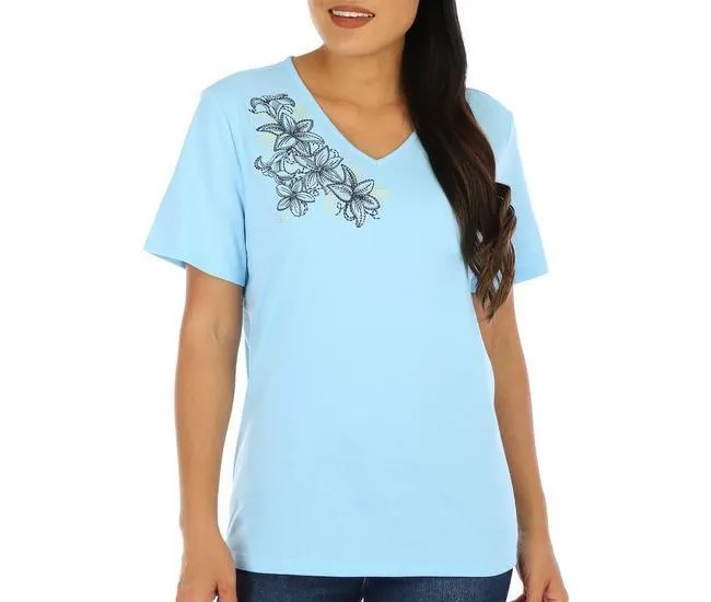 Womens Embroidered Floral Short Sleeve Top