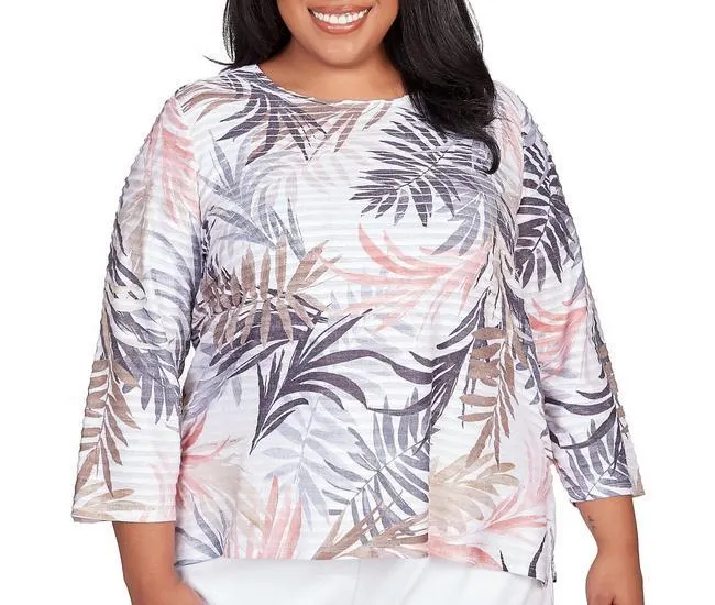 Plus Leaf Print 3/4 Sleeve Top