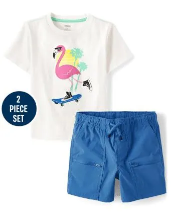 Boys Embroidered Flamingo 2-Piece Outfit Set - Little Essentials - multi clr