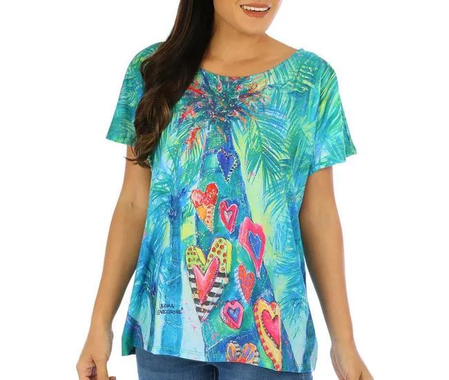 Womens Hearts Of Palm Print Short Sleeve Top
