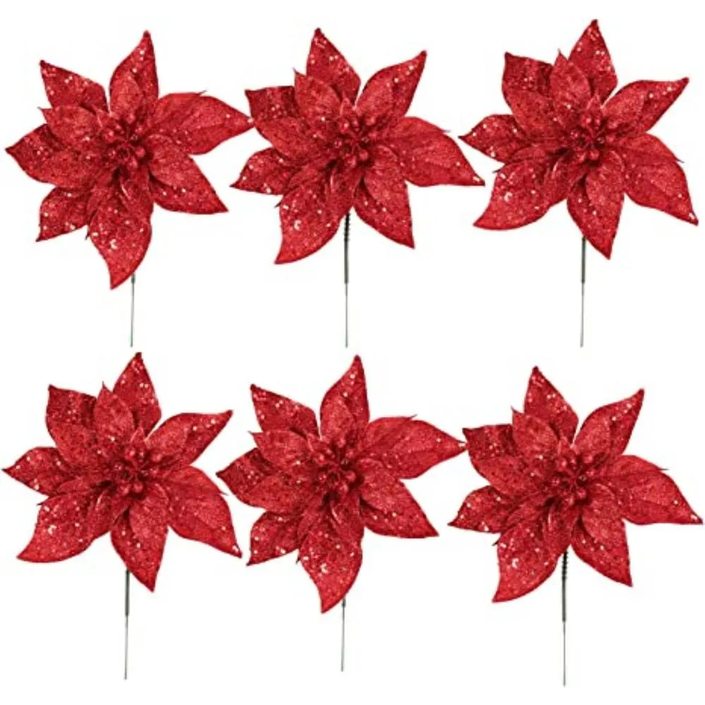 Floral Home Vibrant Red Glitter Poinsettia Flower Pick - Perfect for Holiday Decorations & Festive Home Accents