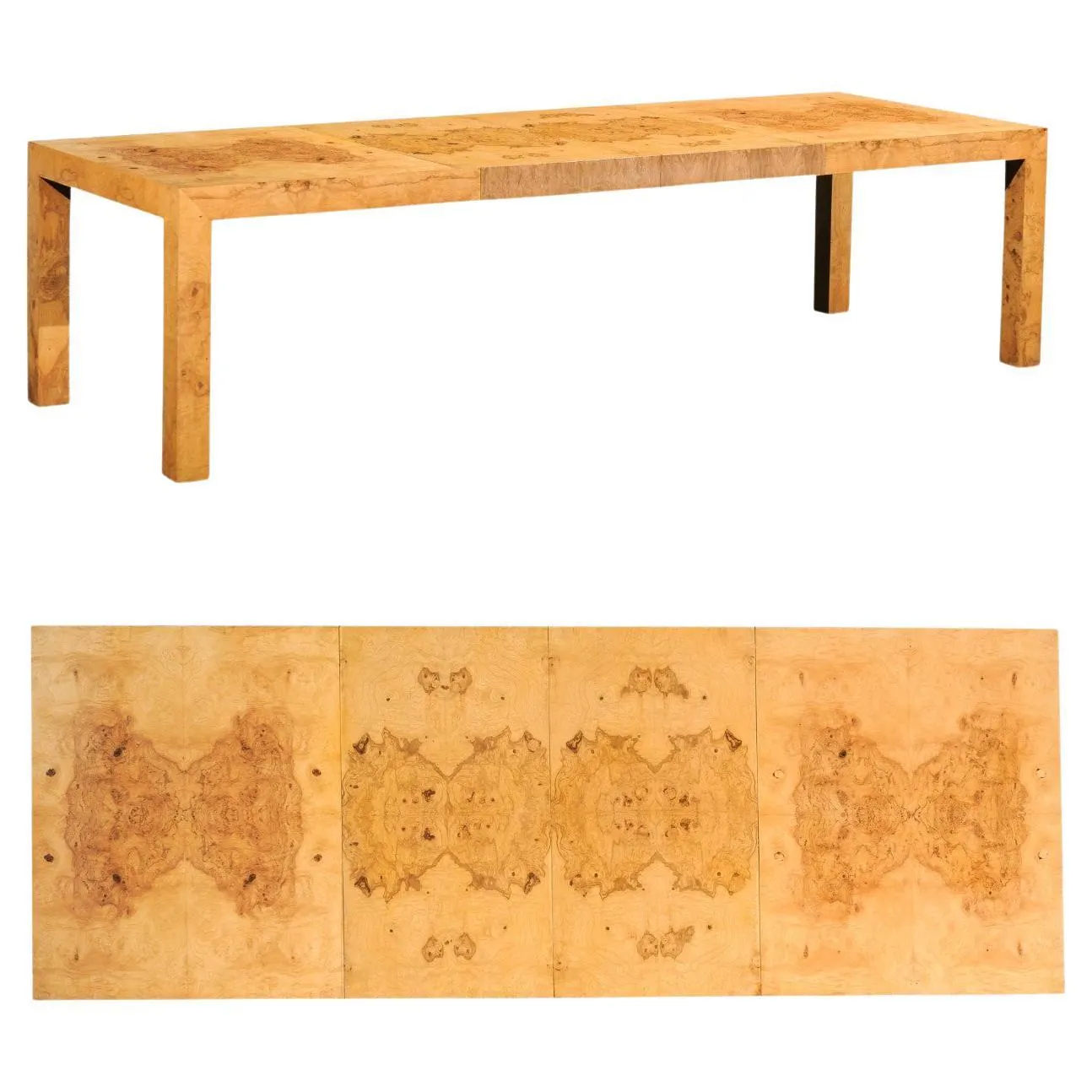Impresionante mesa de comedor extensible de madera de olivo de Milo Baughman, circa 1975