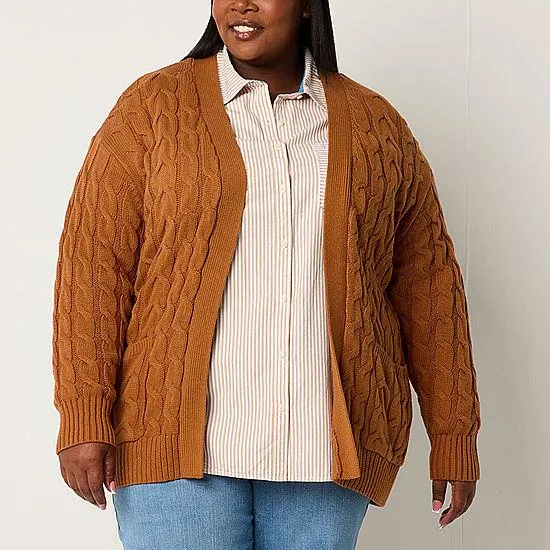 St. John's Bay Plus Womens Long Sleeve Open Front Cardigan
