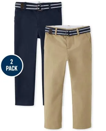Boys Wrinkle Resistant Belted Chino Pants 2-Pack - Uniform - multi clr