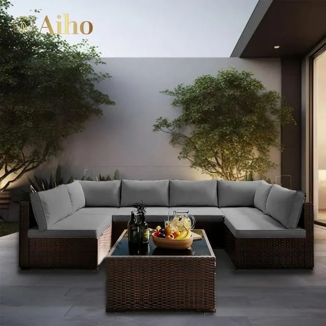 Aiho 7 Piece Rattan Patio Furniture Set , Outdoor Sectional Furniture Set for Patio,Garden,Backyard, Lawn, Grey