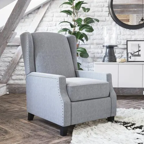 Prescott Silla reclinable delgada con empuje hacia atrás de estilo tradicional-Sillón reclinable con respaldo trasero con tapicería de tela de poliéster gris-adorno de uñas decorativas