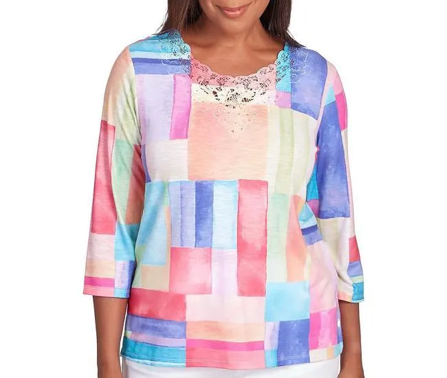 Womens Bright Patchwork Lace Neck Top