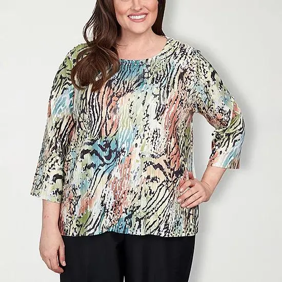 Alfred Dunner Classics Womens Plus Split Crew Neck 3/4 Sleeve T-Shirt