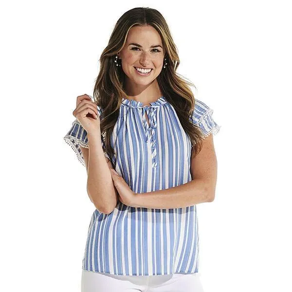 Womens Zac & Rachel Short Tiered Sleeve Stripe Popover Blouse