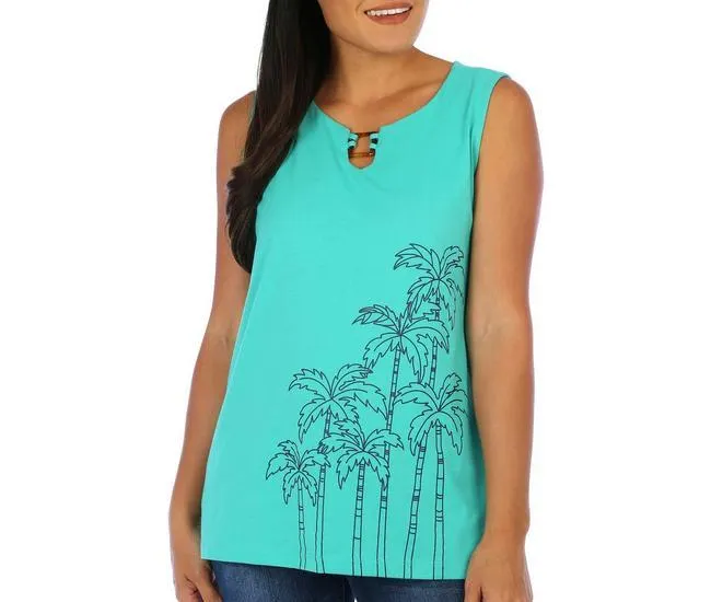 Womens Palm Print Square Ring Sleeveless Top