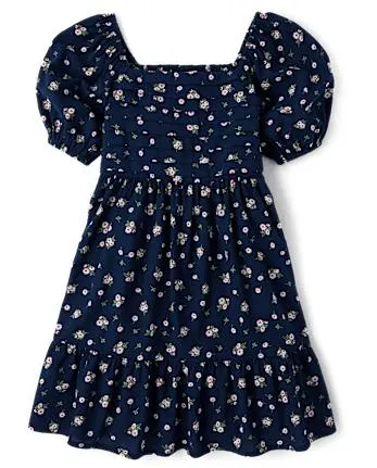 Girls Floral Pleated Ruffle Dress - tidal