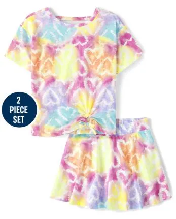 Girls Rainbow Tie Dye Heart 2-Piece Outfit Set - multi color 1