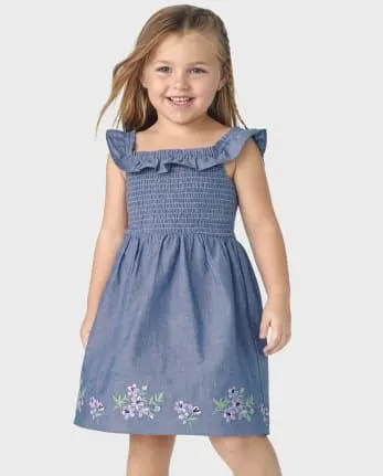 Girls Embroidered Floral Chambray Flutter Dress - Homegrown by Gymboree - chambray