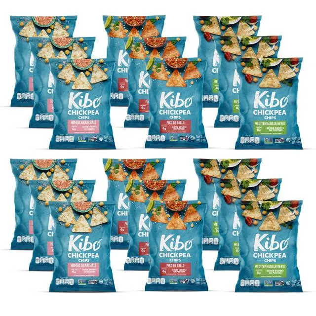Kibo Healthy Snacks 3 Flavor Variety Pack Chickpea Chips High Protein, Plant Based, Vegan, Gluten Free, Non GMO, Kosher, Bold & Crunchy - Himalayan Salt, Mediterranean Herbs, Pico de Gallo - 1 oz, 18
