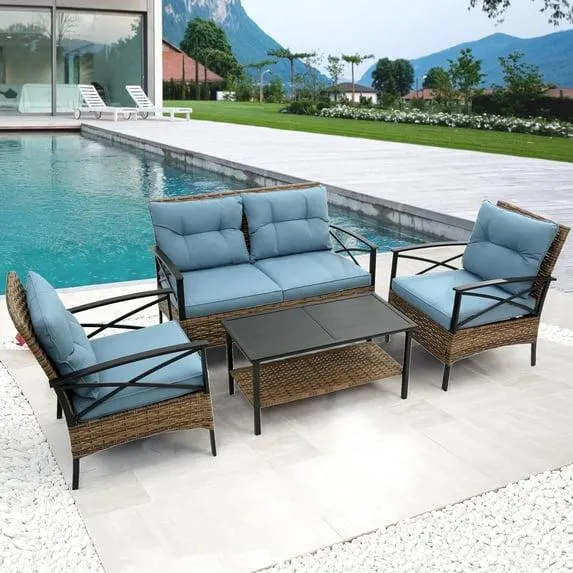 Villeston 4 Piece Wicker Conversation Sets, Ratten Sofa and Table for Balcony Porch Outside Backyard Garden, Blue