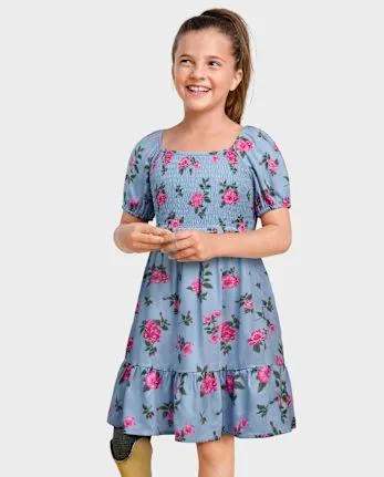 Girls Floral Smocked Ruffle Dress - blue aura