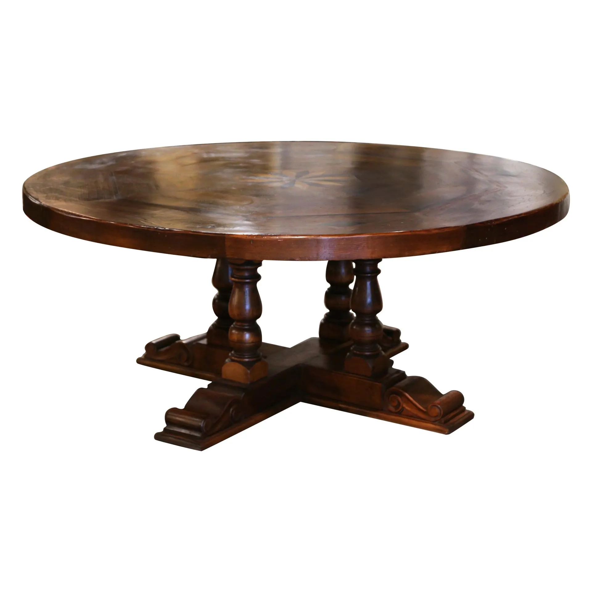 Mesa de comedor redonda con pedestal de pino y nogal con decoración de marquetería tallada a la francesa