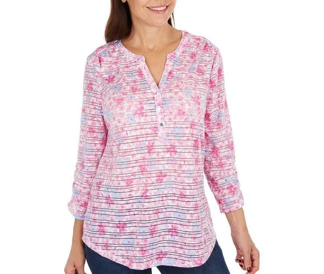 Womens Floral Burnout Henley 3/4 Sleeve Top