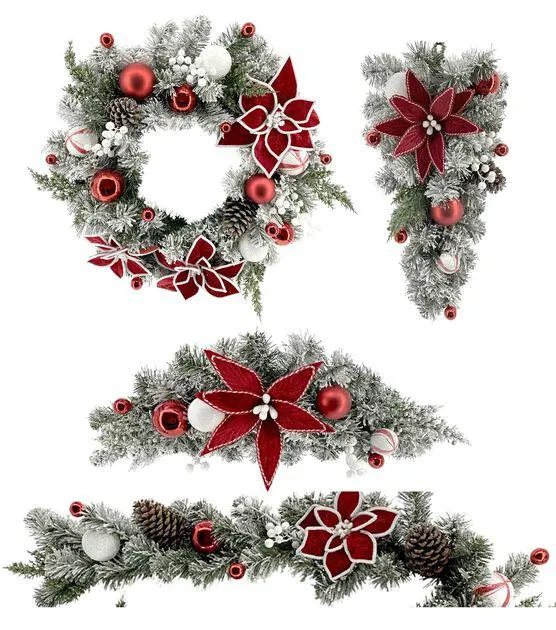 Coordinating Red Poinsettia & Flocked Pine Wreath, Garland, Swag, & Teardrop
