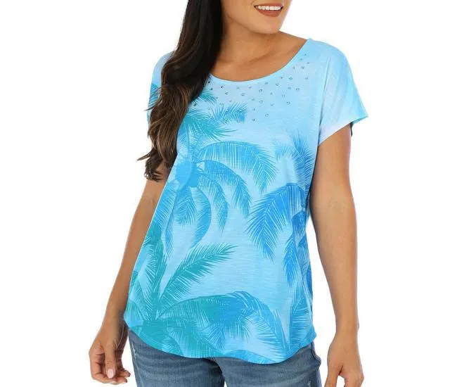 Womens Palms Print Embellished Short Sleeve Top