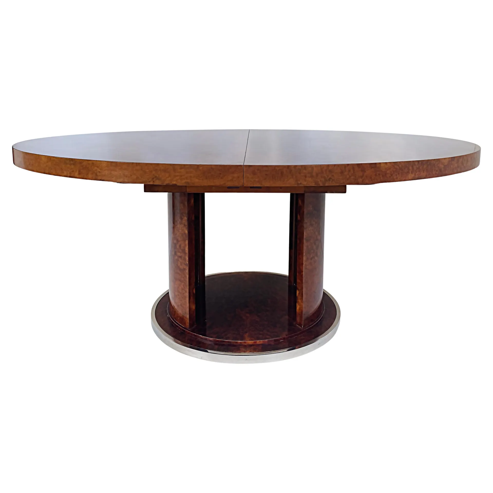 Mesa de Comedor Francesa Art Decó Rinck Paris Burlwood Años 30, Extensible Pedestal Ovalado