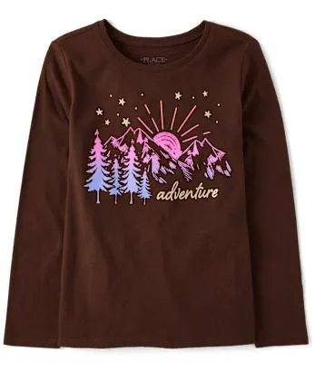Girls Adventure Mountains Graphic Tee - hedgehog