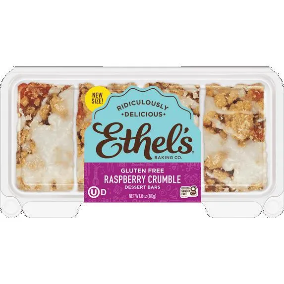 Ethel's Raspberry Crumble Dessert Bars – Slow-Baked Shortcake with Real Raspberry Filling, 4 Pack (1.5 oz Each)